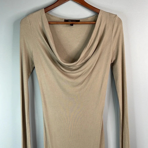 BCBGMAXAZARIA Tan Ribbed Scoop Cowl Neck Column Sheath Midi Dress Baddie Size S - Picture 3 of 11